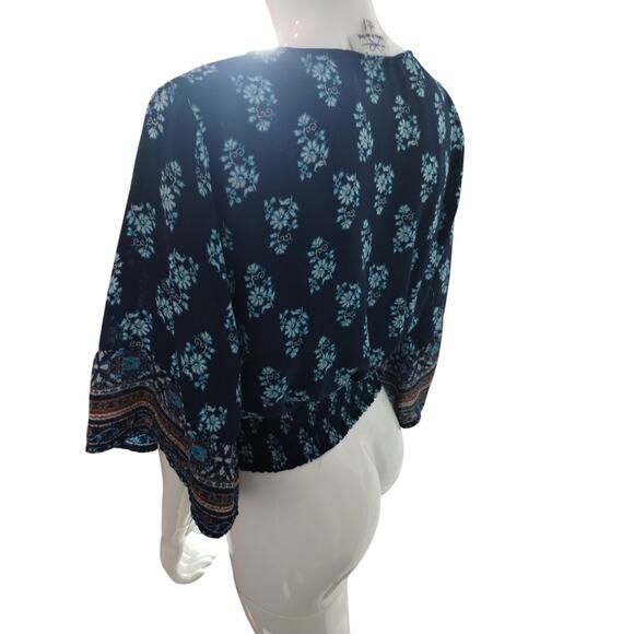 Twine & String Womens Large Top Kimono Sleeve Mosaic Floral Smocked Waist Boho - Picture 7 of 13